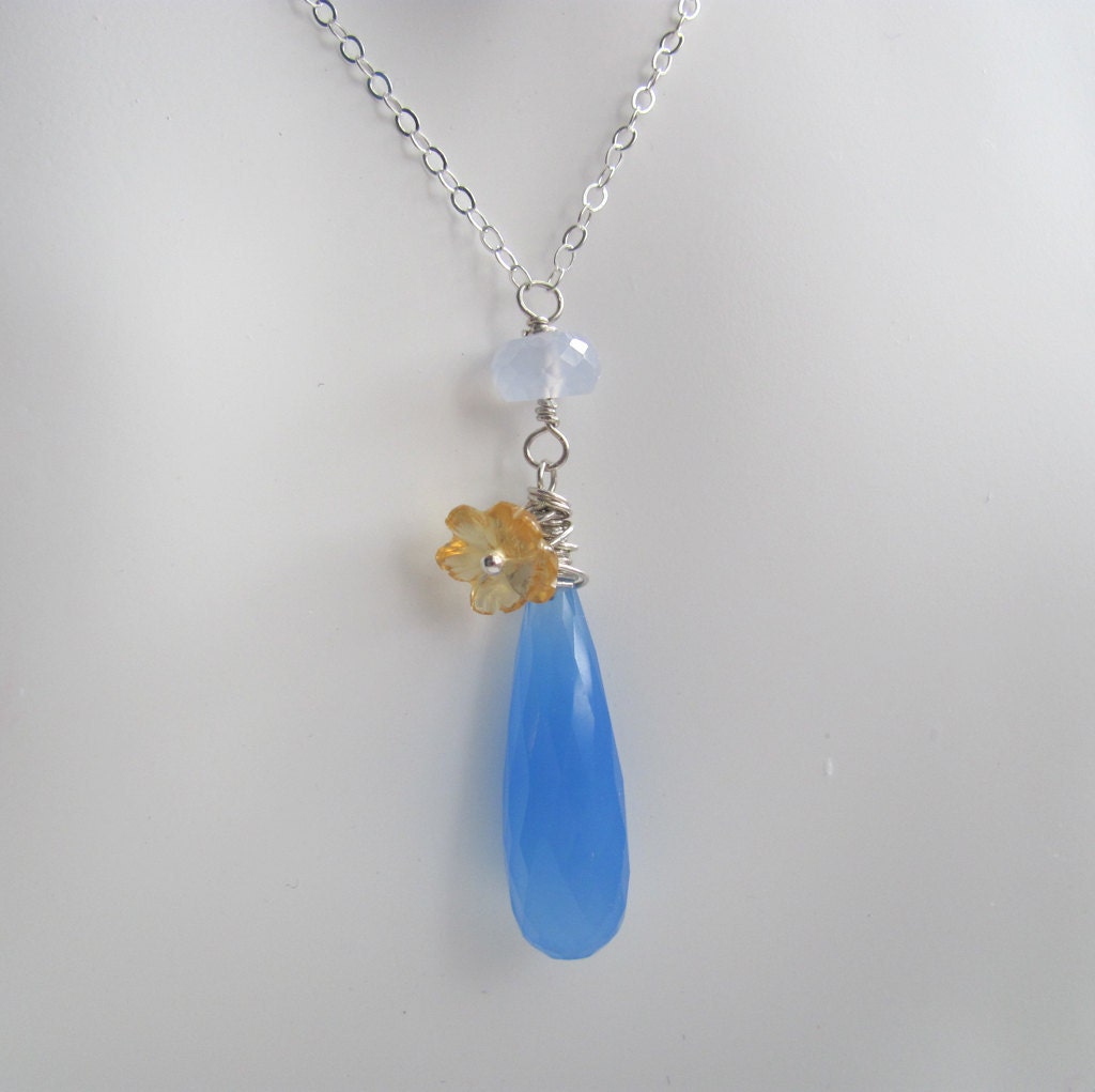 Cornflower Chalcedony Necklace - Blue and Natural Chalcedony with Citrine Carved Flower Gemstone Sterling SIlver Handmade