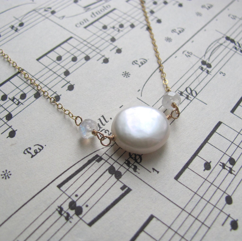 Coin Pearl Solitaire Necklace - with Moonstone and Gold