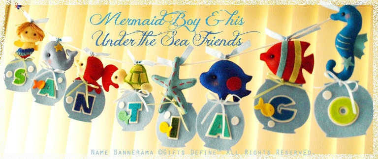 Mermaid (Boy or Girl)  and Under the Sea Fish Friends NAME BANNERAMA - Personalized Custom Made Room Wall-Art, Pool Party decor (set of 4)