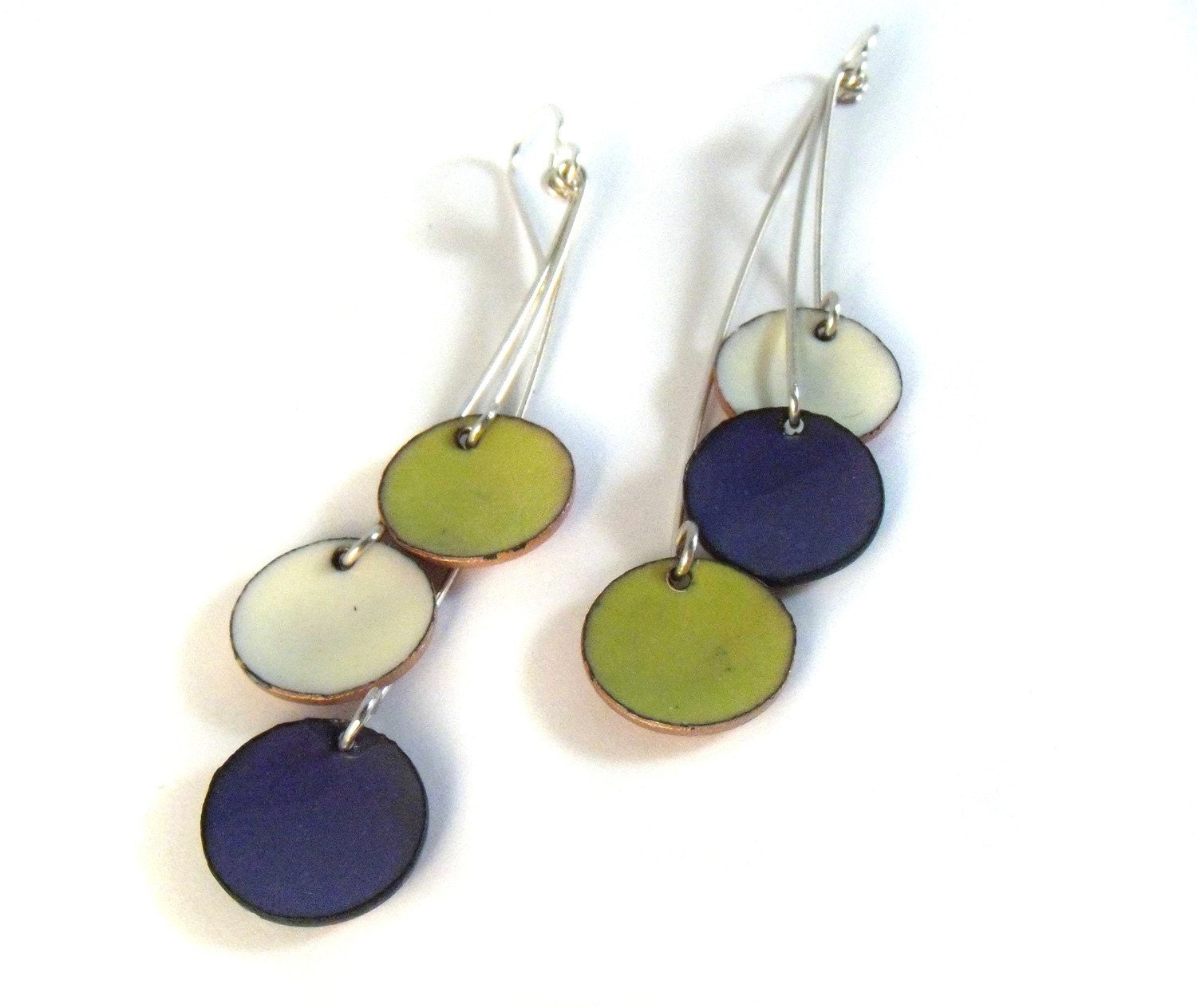 karma chameleon pendula enamel earrings / lime green, cream, grape purple