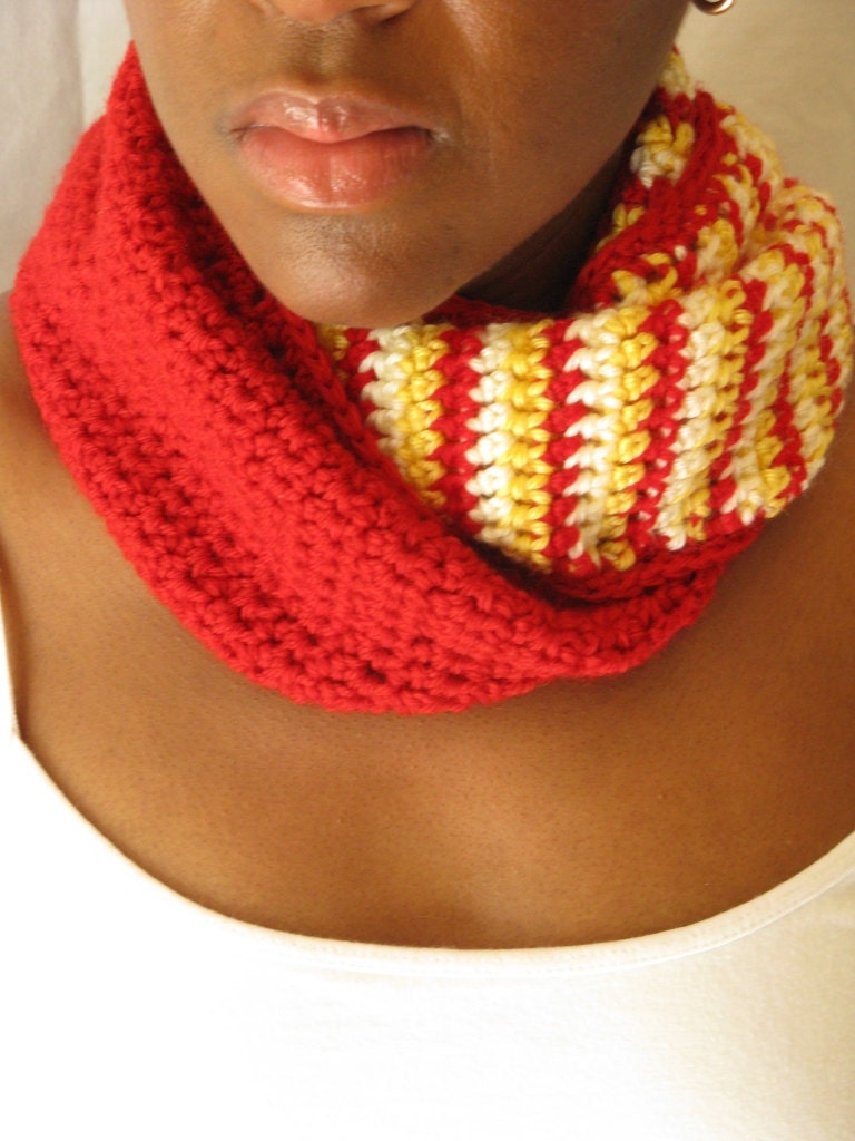 Crochet Fashion Scarf - Striped Red Cream Yellow