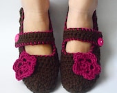 Crochet Slippers Womens Mary Janes House Shoes Socks with Flower in Fucshia Romance (Size 7-10)