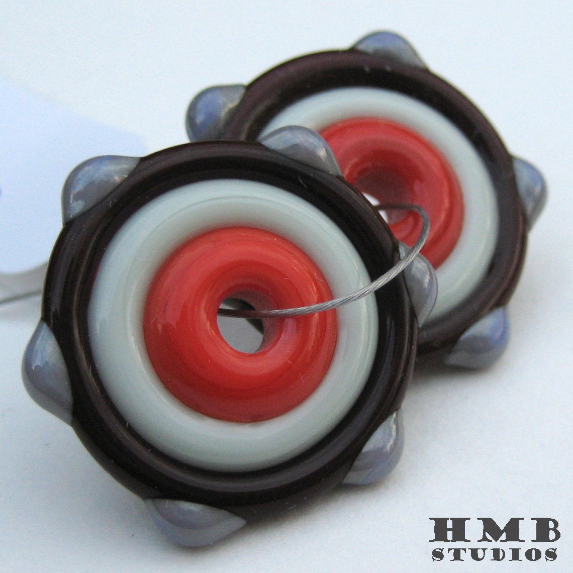 Handmade lampwork matching pair disc beads - Red / Gray / Chocolate / Purple