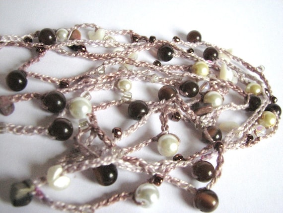 Beaded crocheted necklace or wrap bracelet, glass beads, mother of pearl chips, Coffee and Cream, brown ivory