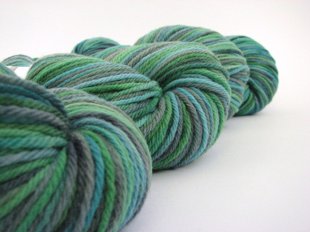 Hand-dyed DK merino wool, light worsted yarn, 100grams double knitting, Perran Yarns, Woodland Glade, green, blue, turquoise