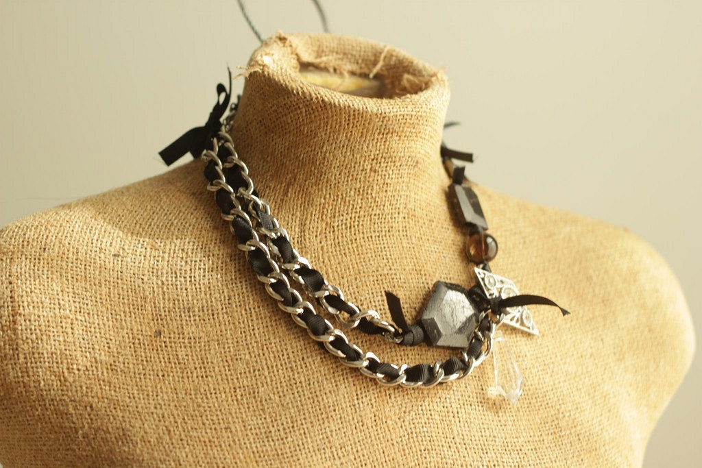 SALE statement necklace choker with pyrite, black stones, crystals and ribbon
