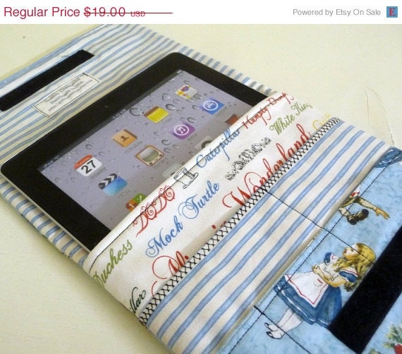 SALE iPad Sleeve Alice in Wonderland blue cotton print