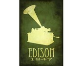 Thomas Edison 12x18 Steampunk Art Print, Rock Star Scientist Phonograph Illustration Science Poster