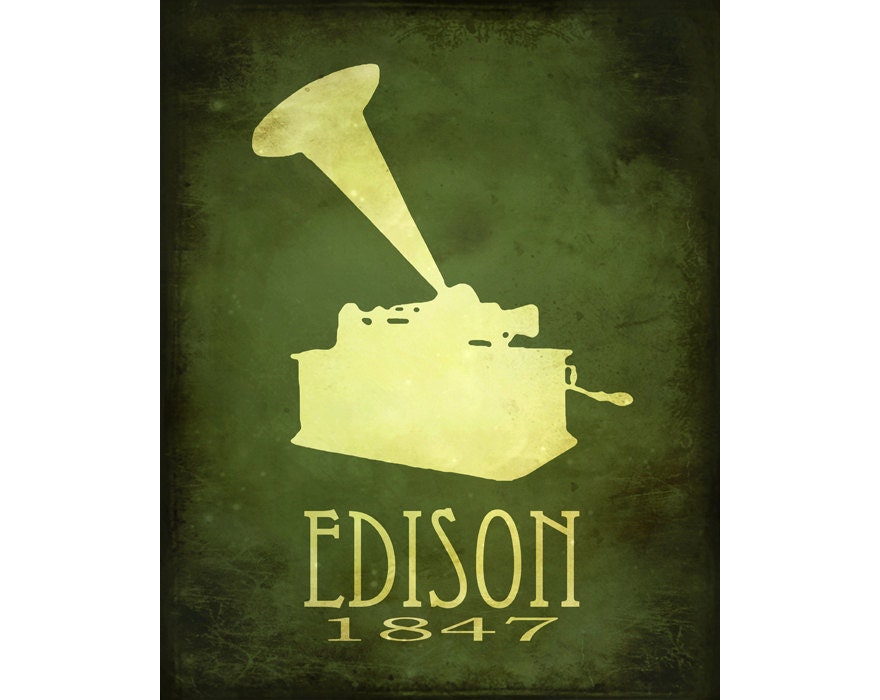 8x10 Steampunk Science Art Print Thomas Edison Rock Star Scientist Phonograph Illustration Diagram Educational Posters Geek Decor
