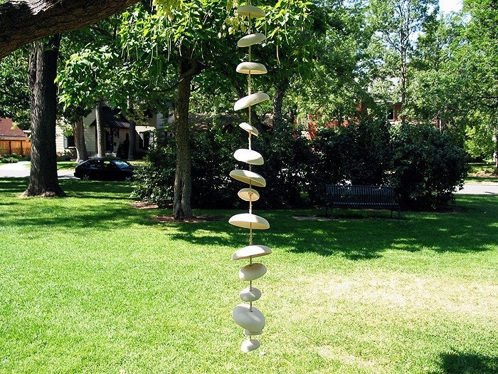 Mudpuppy Moon wind chimes organic hanging disc bells sculpture - natural buff stoneware