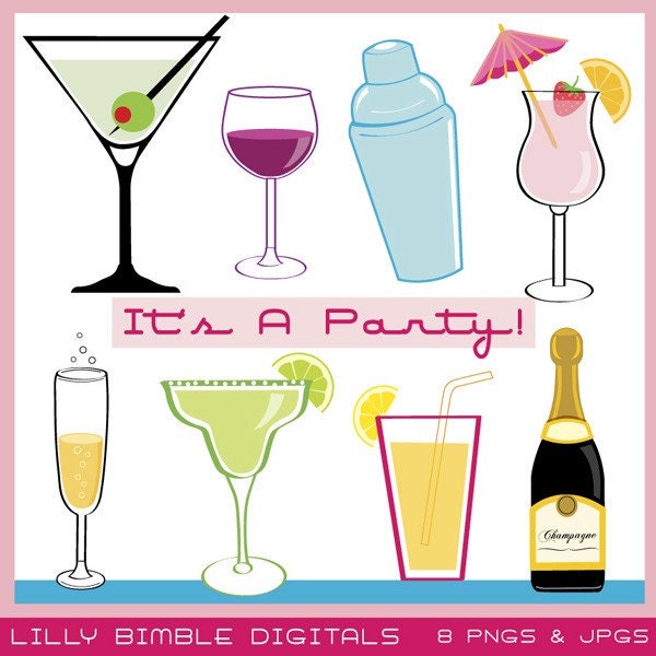 Party Drink Cocktails clipart for new year, parties, champagne bottle, margarita, wine, Instant Download Il_170x135