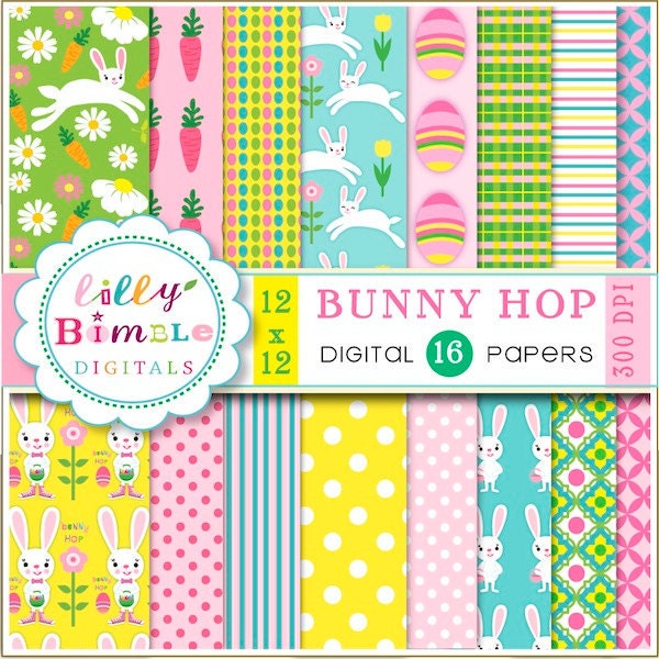 Bunny Hop Easter spring digital papers for scrapbooking, cards, design Il_570xn