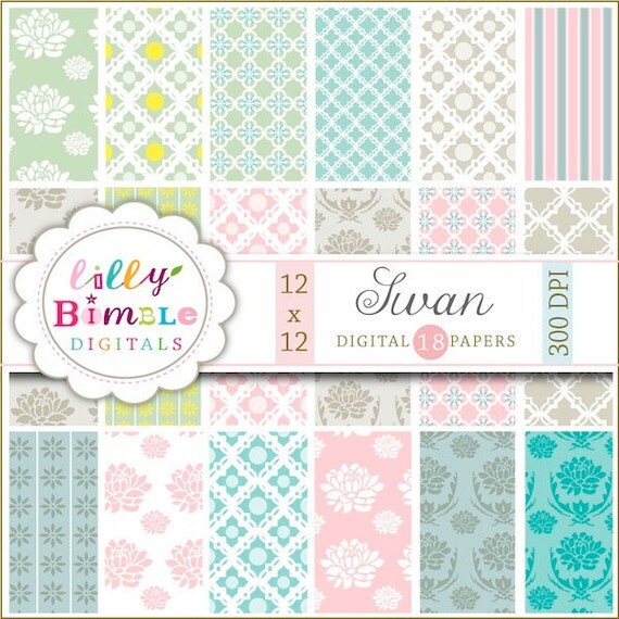 Swan Digital papers for scrapbooking, cards, invites, commercial and personal use Il_570xn