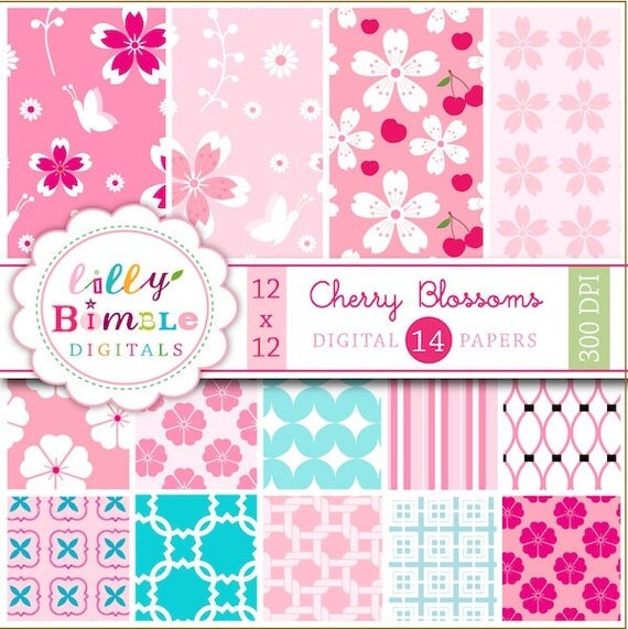 Cherry Blossoms digital scrapbooking papers COMMERCIAL USE Sakura Instant Download Il_570xn