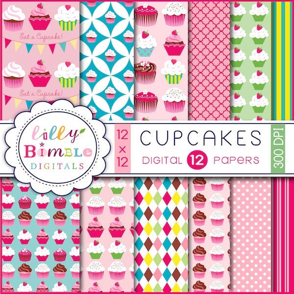 Cupcake Digital scrapbook papers for birthday invites, toppers, INSTANT DOWNLOAD Il_570xn