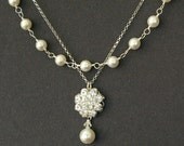 Vintage Style Bridal Jewelry, Silver Bridal Jewelry, Swarovski Pearl Wedding Necklace, Double Strand Bridal Necklace, LISETTE