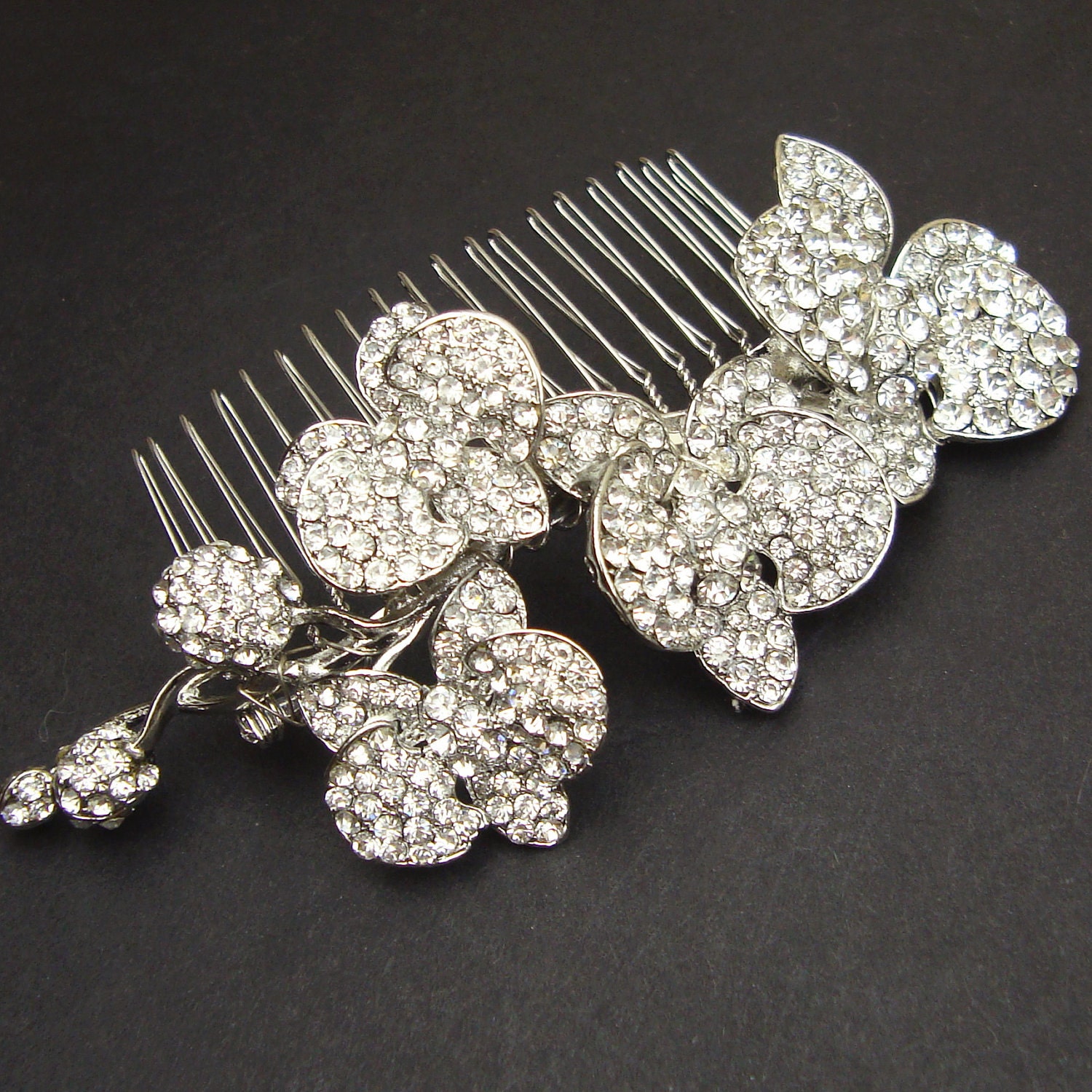 Vintage Style Wedding Hair Comb, Silver Orchids Bridal Hair Comb, Rhinestone Wedding Hair Accessories, Bridal Comb, ORCHID BLOOM
