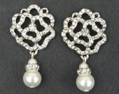 Crystal and Pearl Rose Bridal Earrings, Rose Rhinestone Wedding Earrings, Ivory White Pearl Drop Earirngs, ROSE (petite)