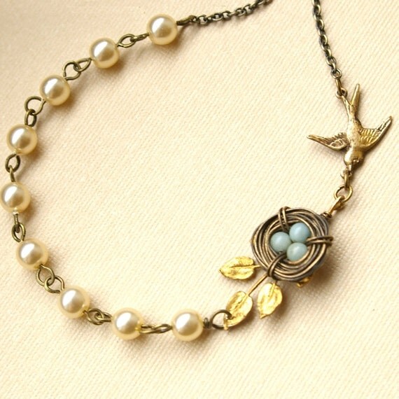 Vintage Leaf Bird's Nest Necklace, Blue Amazonite Egg Bird's Nest, Mother's Necklace, Pearl & Antiqued Bronze Gold Necklace, ROBIN'S NEST