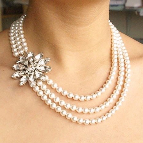 Rhinestone Bridal Necklace, Swarovski Pearl Wedding Necklace, Vintage Style Wedding Jewelry, Statement Bridal Necklace, FOREVER in BLOOM