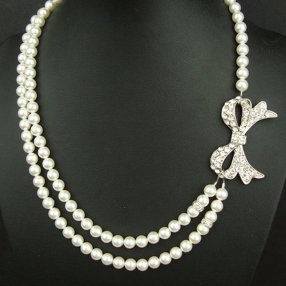 Vintage Style Bridal Jewelry, Silver Bow Bridal Necklace, Ivory Pearl Wedding Jewelry, Retro Wedding Jewelry, LOLA