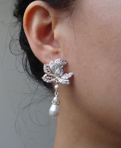Pearl & Rhinestone Bridal Earrings, Crystal Flower Bridal Earrings, Vintage Wedding Jewelry, Ivory White Pearls, ERIN
