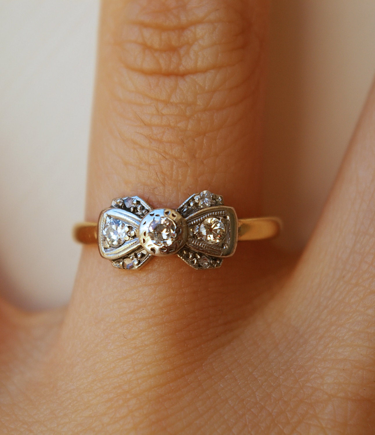 1920's Platinum, Diamond & 18k Gold Ribbon Bow Ring Size US 6