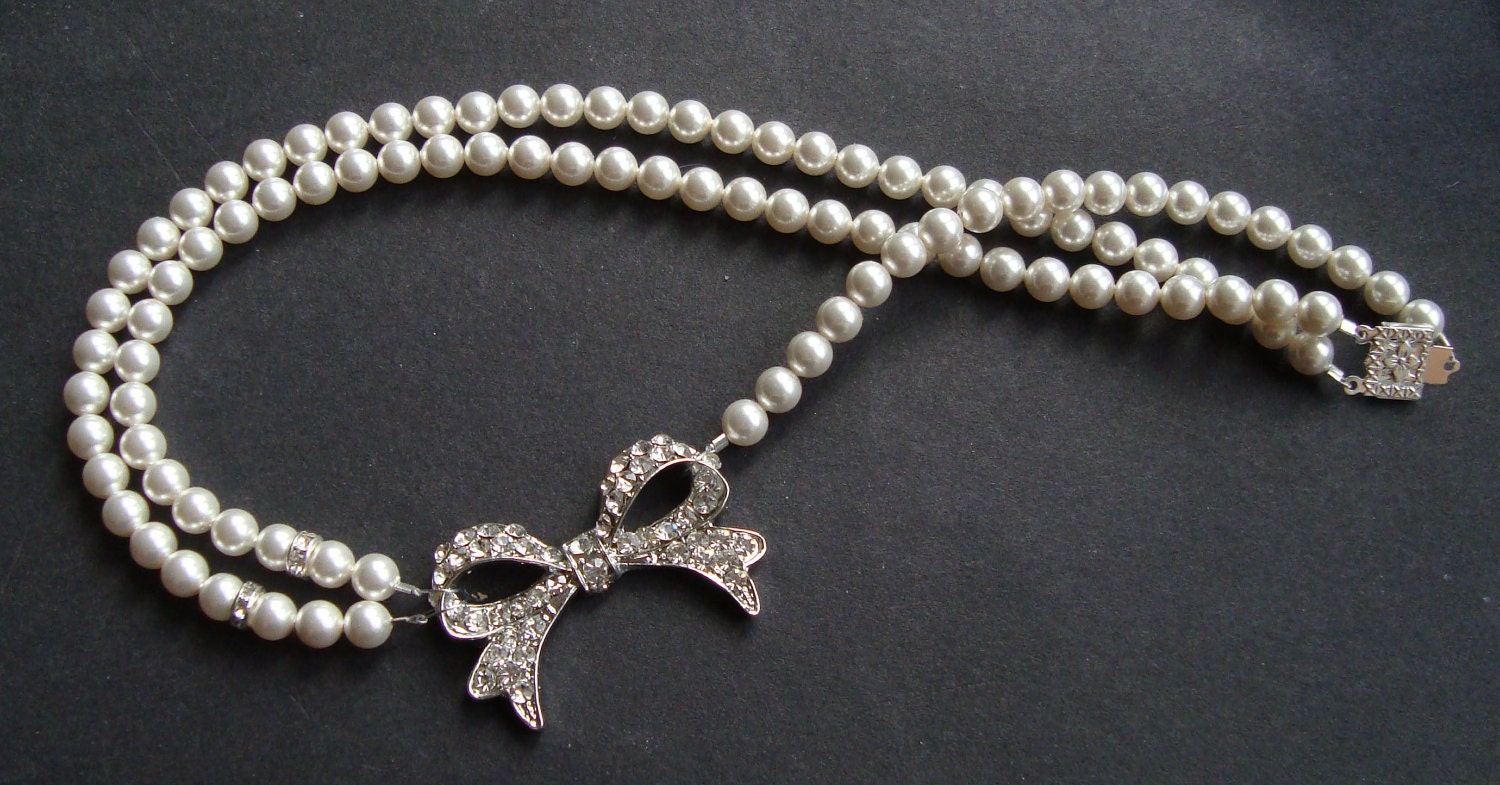 Vintage Style Bridal Jewelry, Silver Bow Bridal Necklace, Ivory Pearl Wedding Jewelry, Retro Wedding Jewelry, LOLA