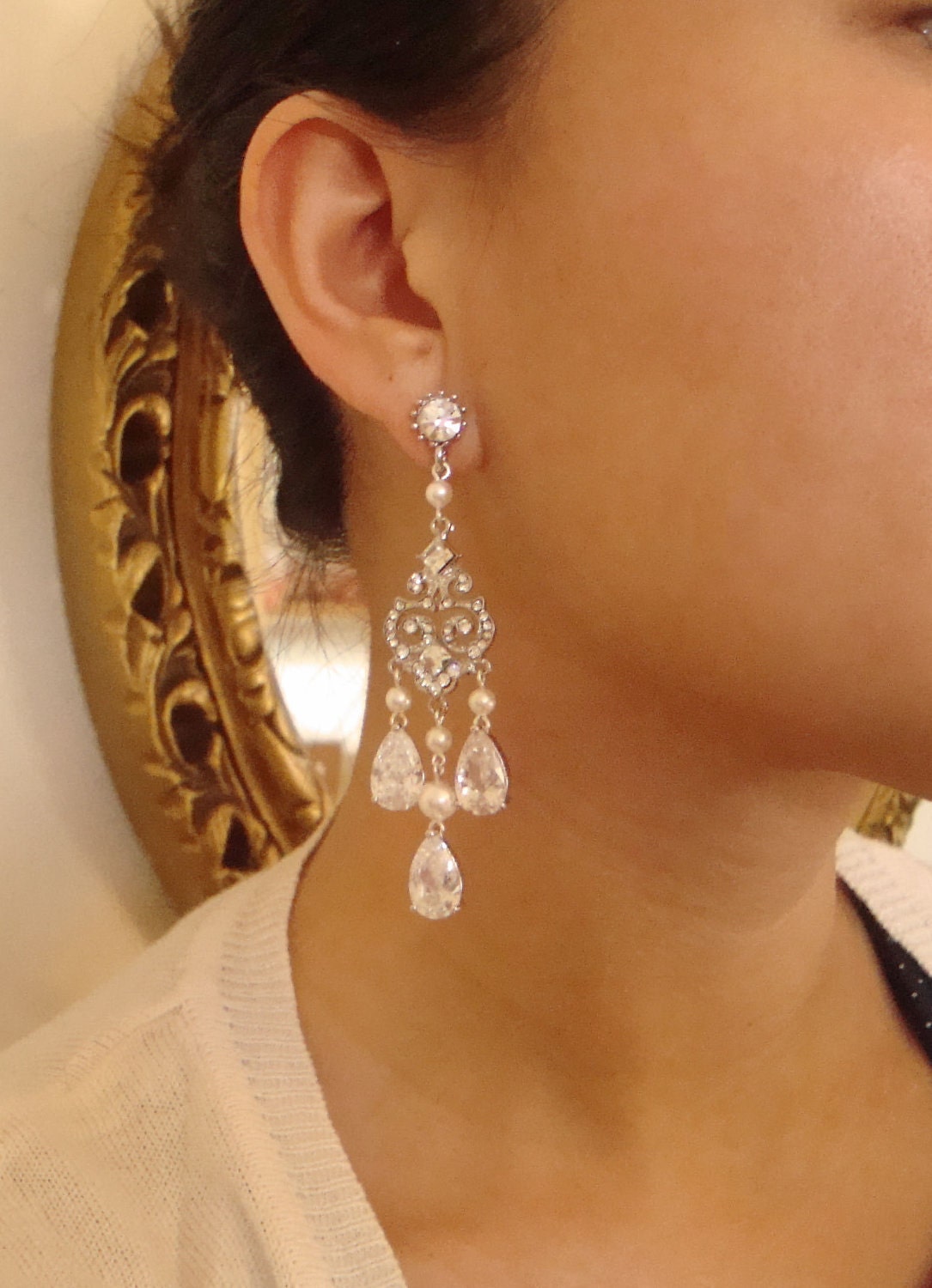 Art Deco Style Chandelier Bridal Earrings, Vintage Inspired Bridal Wedding Earrings, Statement Chandelier Earrings, HELENA