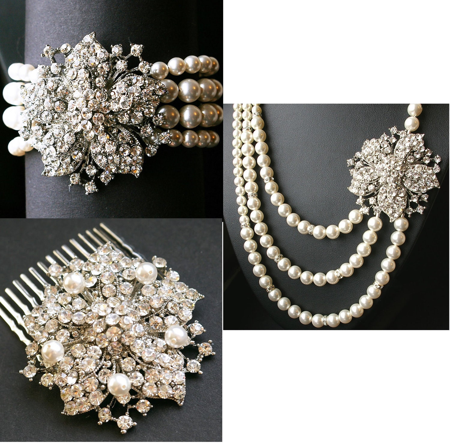Statement Wedding Jewelry, Rhinestone Bridal Necklace, Pearl Wedding Necklace, Ivory White Pearl Jewelry, Rhinestone Flower Necklace, MISCHA