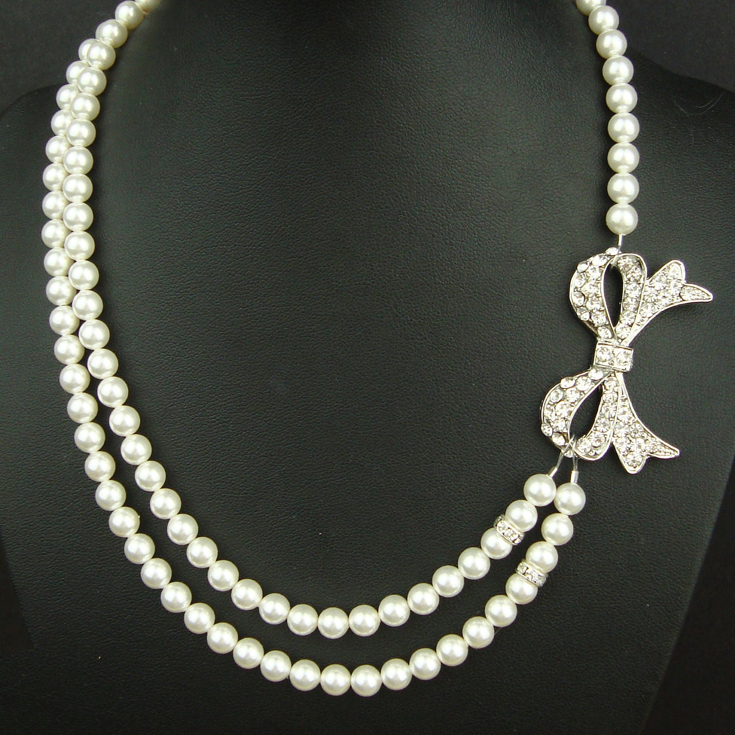 Vintage Style Bridal Jewelry, Silver Bow Bridal Necklace, Ivory Pearl Wedding Jewelry, Retro Wedding Jewelry, LOLA