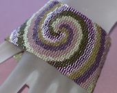 Maelstrom in Tuscany ... Peyote Bracelet . Wide Cuff . Beadwoven . Swirl . Spiral . Grape Purple . Olive Green . Vineyard Colors