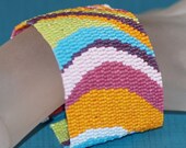 Curved ... Peyote Bracelet . Beadwoven Cuff . Handmade . Spring Colors . Turquoise . Orange . Purple . Lime Green . Bold . Supple . Modern