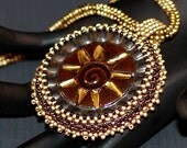 Golden Aztec Sun ... Necklace . Beadwoven . Stoneware Cabochon . Metallic . Bronze . Gold . Ndebele Rope . Radiant . Elegant