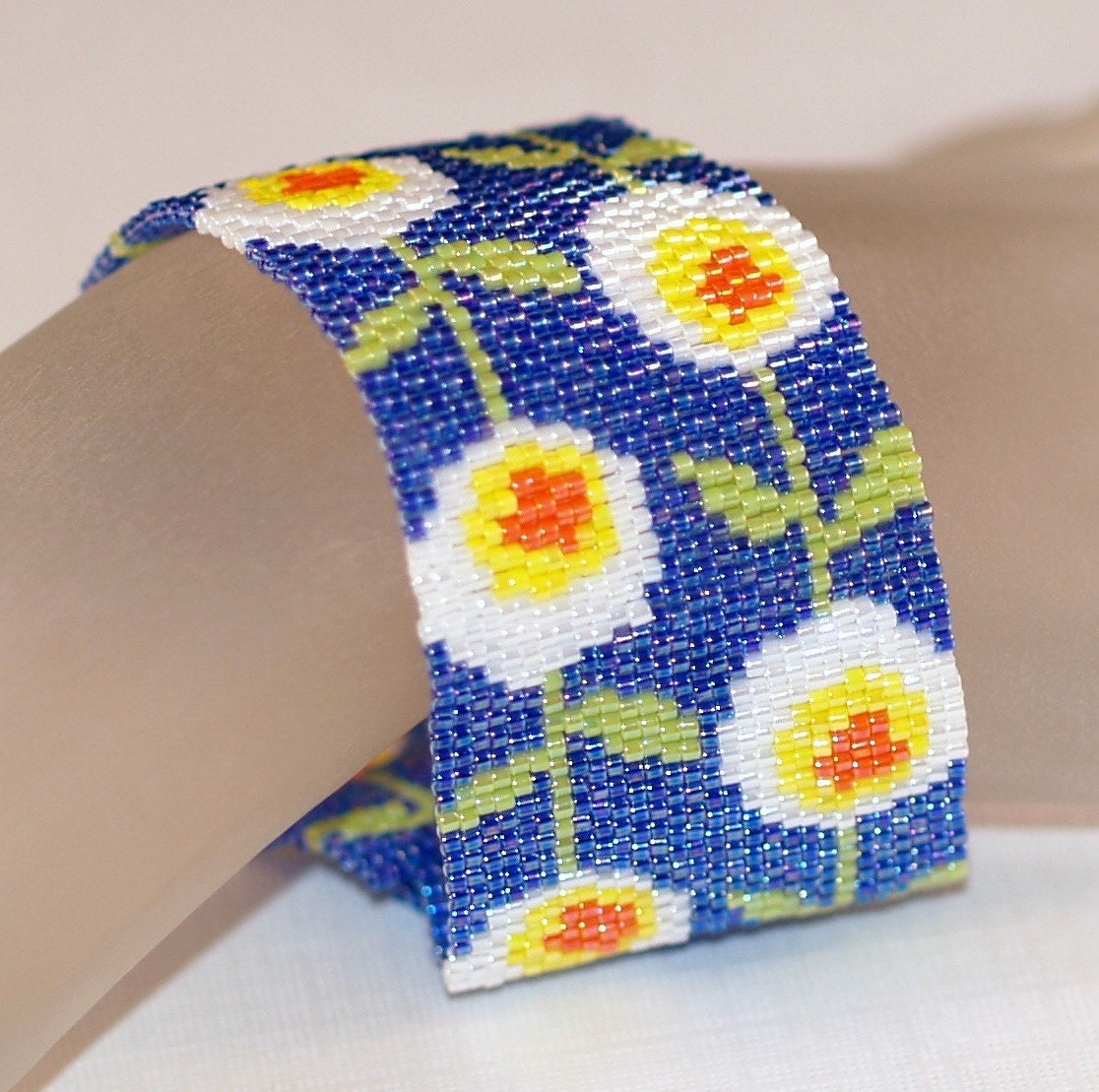Daisy Chain ... Peyote Bracelet . Beadwoven Cuff . Spring Flowers . Whimsical . Bright . Royal Blue . Sunny Yellow . Snow White . Lime Green
