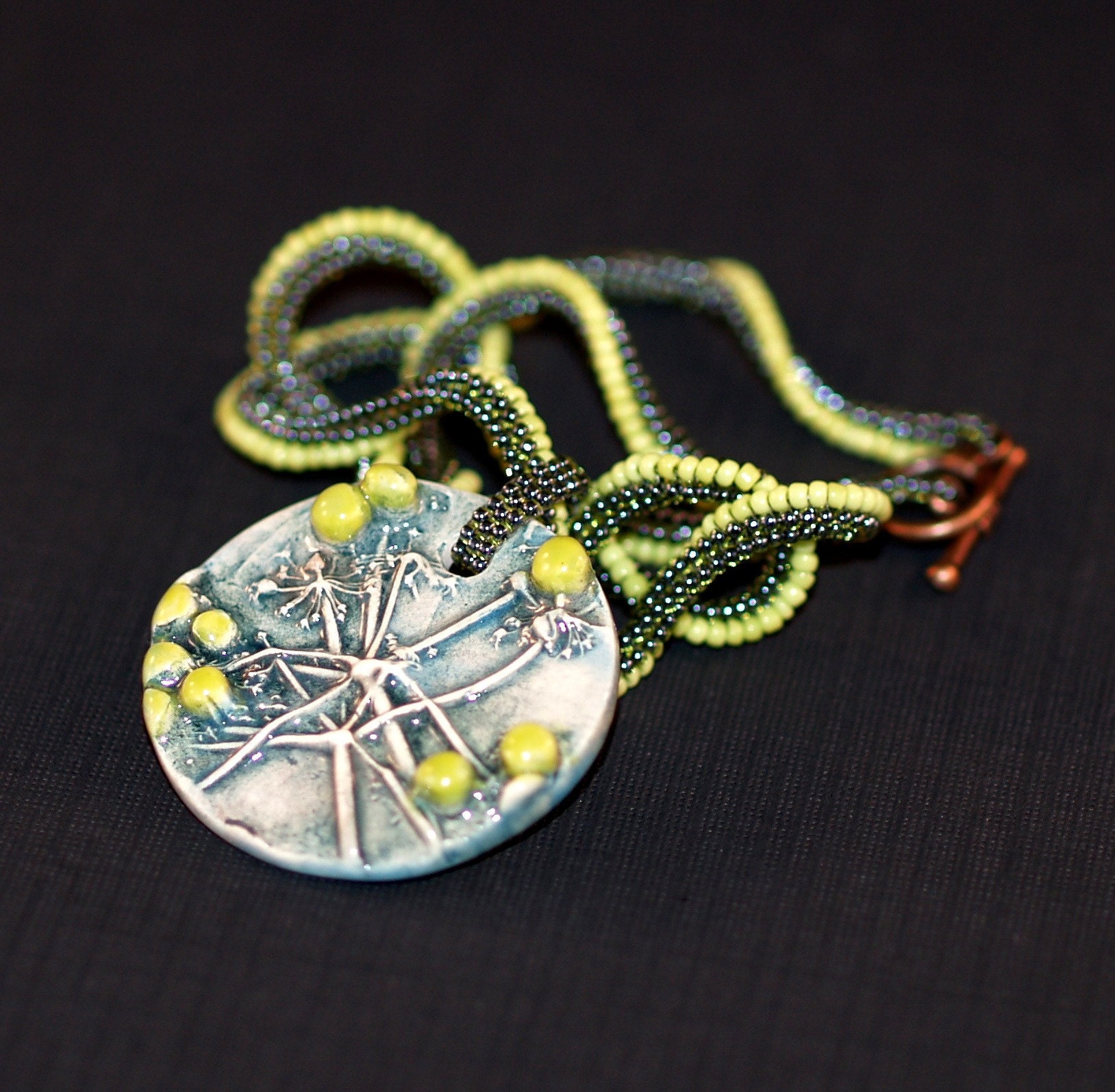 Cilantro Lime Twist ... Necklace . Ndebele Rope . Ceramic Pendant . Green . Chartreuse . Nature Lover . Twisted . Copper Closure