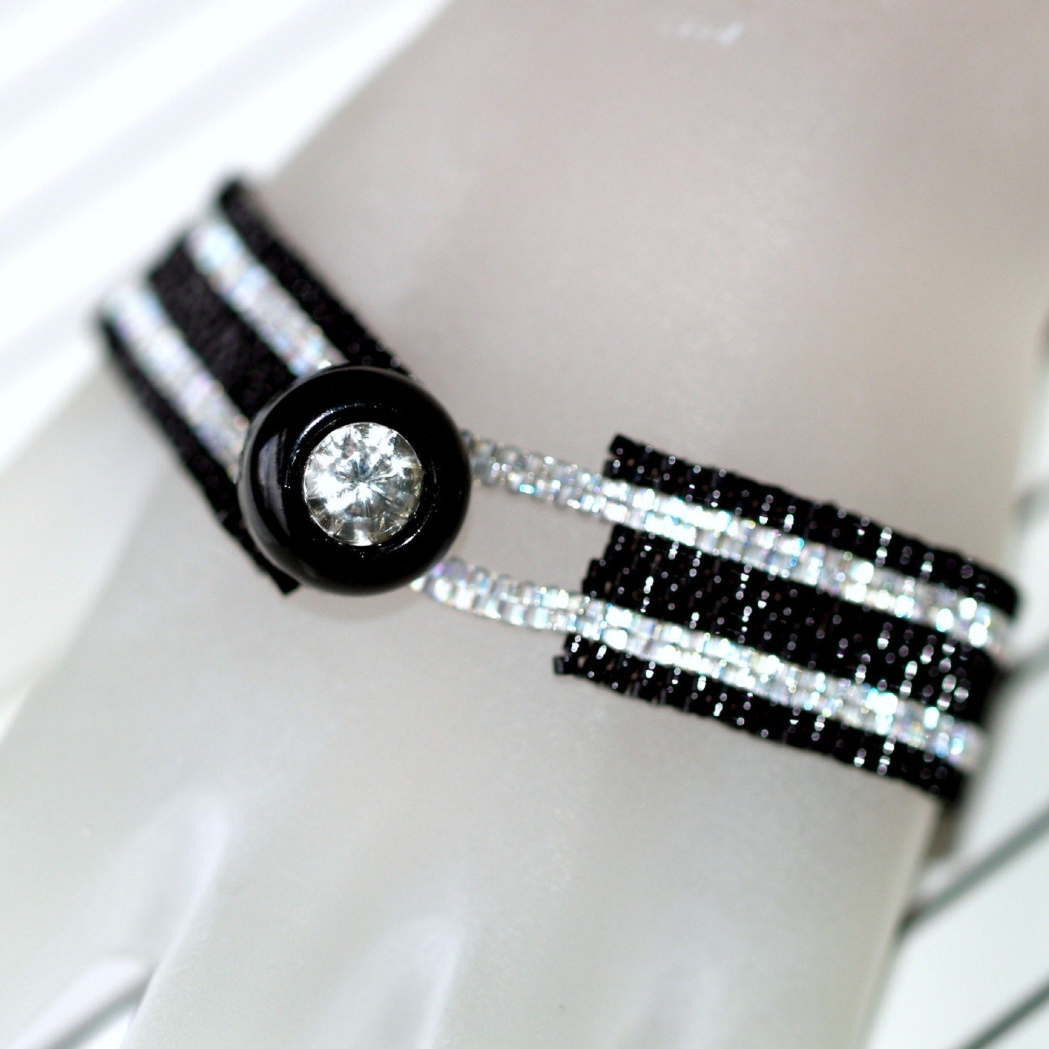 Sexy Silver Stripe ... Peyote Bracelet . Vintage Rhinestone Button . Slinky . Shiny . Shimmery . Elegant . Chic . Modern . Simple Narrow