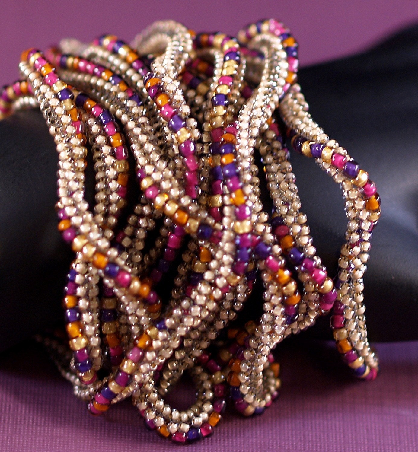 Marrakesh ... Necklace . Beadwoven . Bracelet . Twisted . Rich Colors . Sand . Magenta . Purple . Orange . Gold . Versatile . Luscious