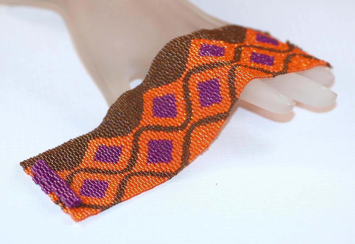 Fuchsia Diamonds ... Bracelet Cuff . Orange . Brown . Peyote . Wide . Beadwoven . Modern . Geometric . Bold