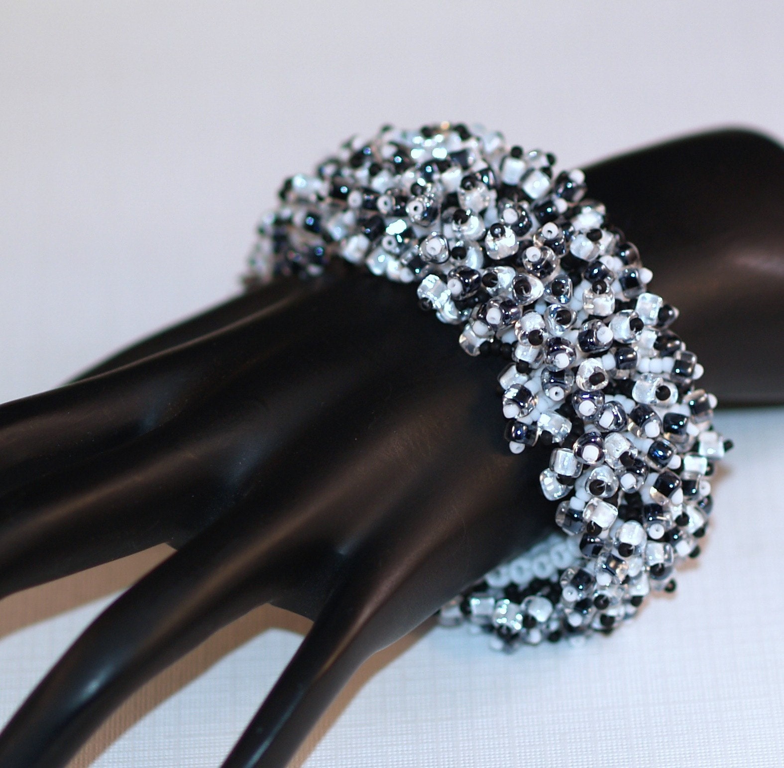Bennie ... Caterpillar Bracelet . Handmade Jewelry . Black and White . Beadwoven . Fringed . Bold . Lush . Fashion Statement . Stunning