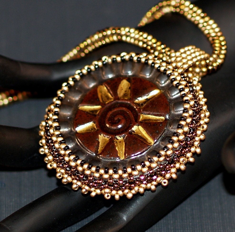 Golden Aztec Sun ... Necklace . Beadwoven . Stoneware Cabochon . Metallic . Bronze . Gold . Ndebele Rope . Radiant . Elegant