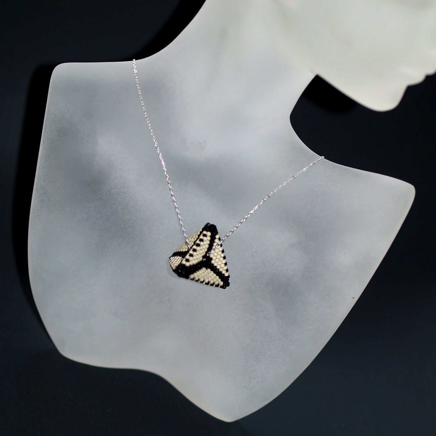 Black and Tan Pyramid ... Pendant . Necklace . Beadwoven . Sterling Silver Chain . Geometric . Triangles . Sand . Jet . Matte . Modern