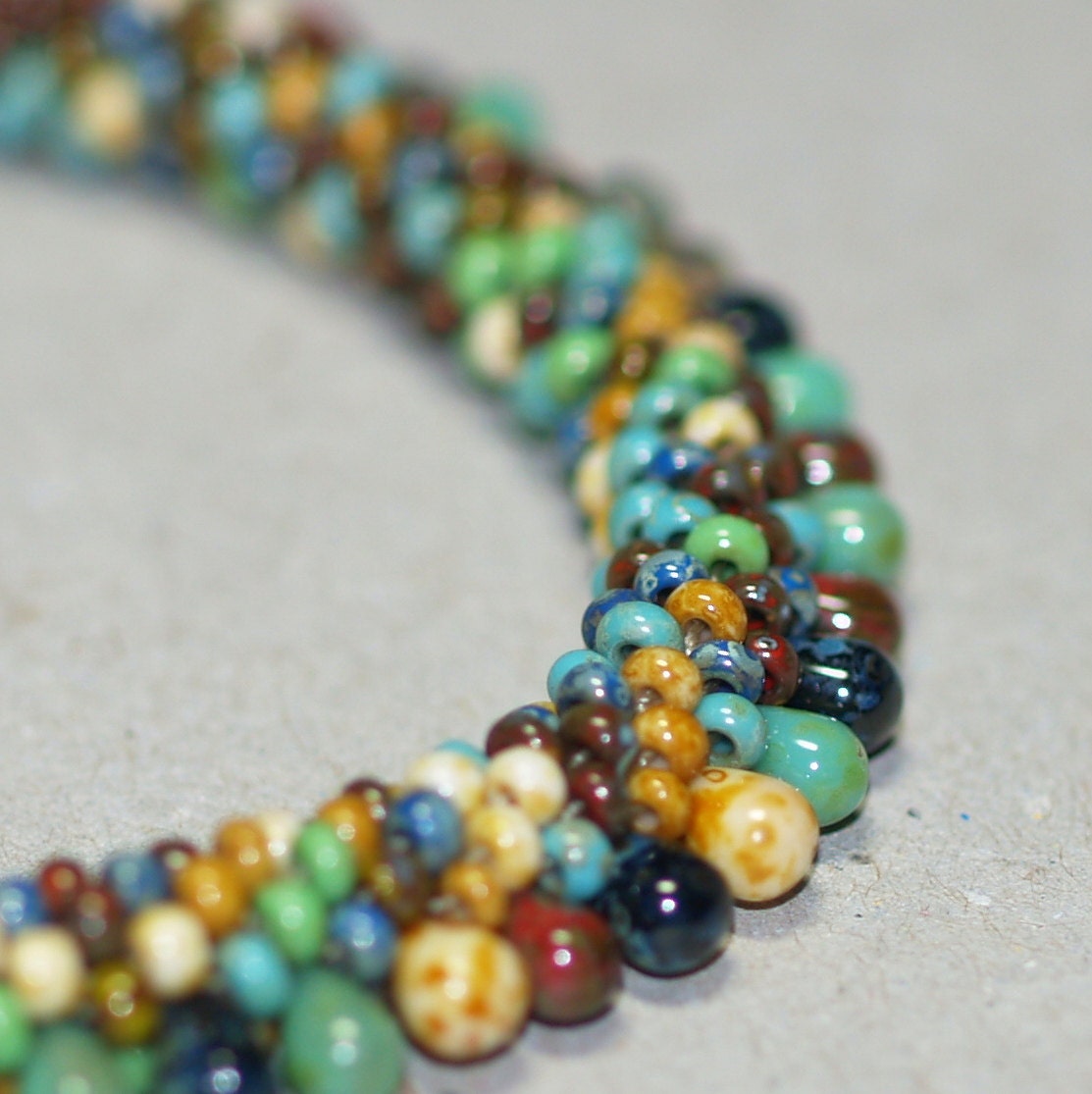 Picasso Fringe ... Bracelet . Bead Crochet . Bangle . Multicolor . Earthy Colors . Drop Beads . Mottled . Turquoise . Rust . Caramel . Apple