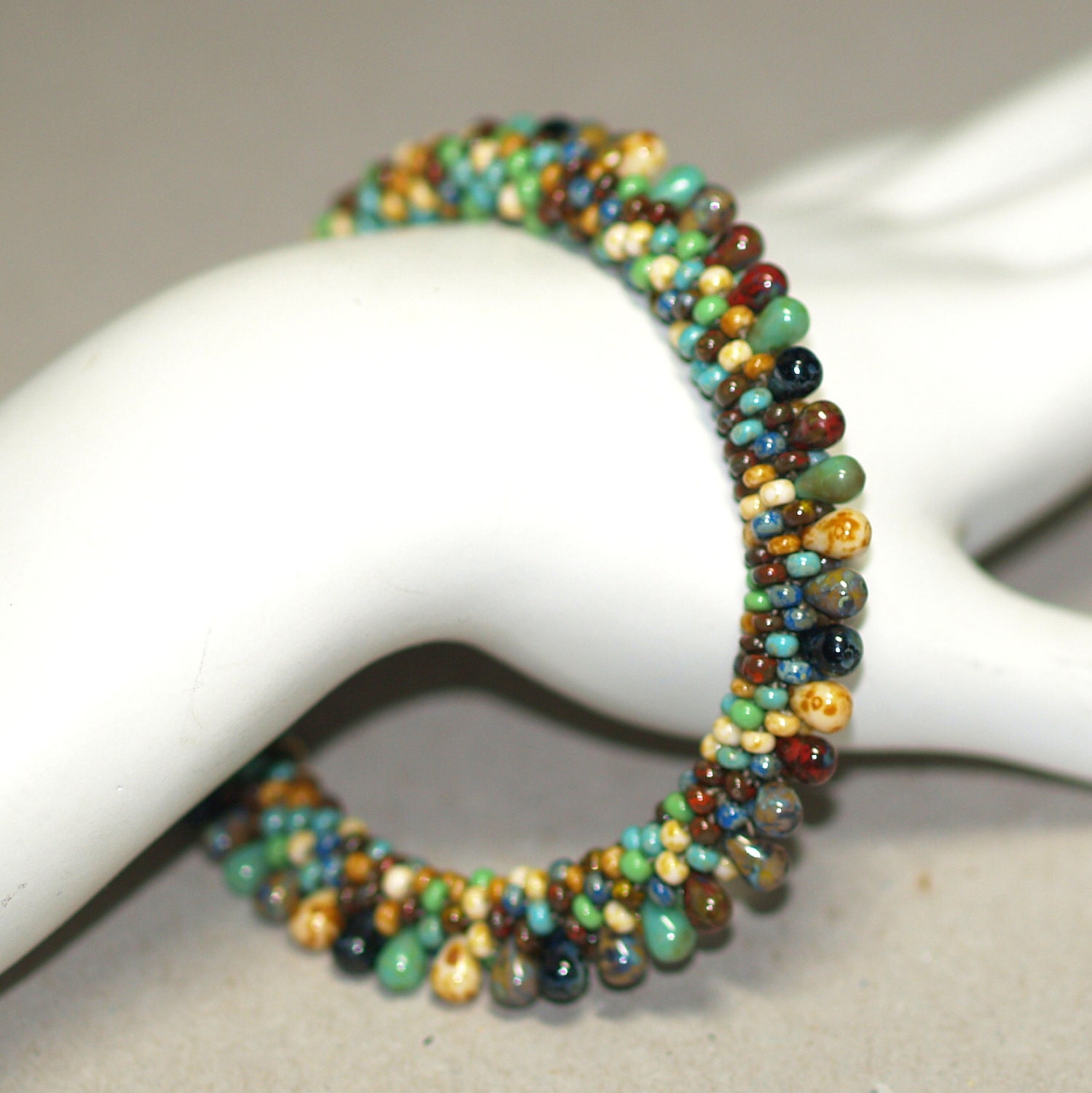 Picasso Fringe ... Bracelet . Bead Crochet . Bangle . Multicolor . Earthy Colors . Drop Beads . Mottled . Turquoise . Rust . Caramel . Apple