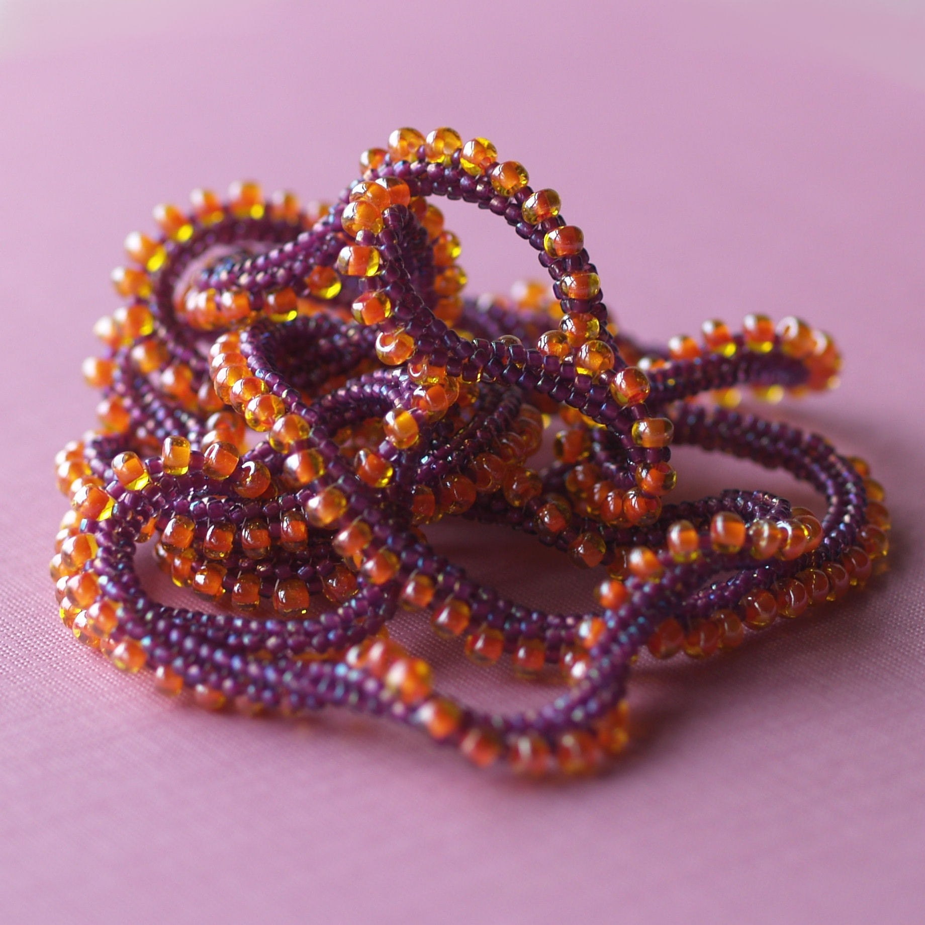 Aglaia ... Necklace . Earrings . Beadweaving . Ndebele Rope . Twisted . Versatile . Magenta . Orange