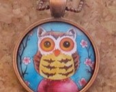 Owl with Cherry Blossoms one inch Art Pendant