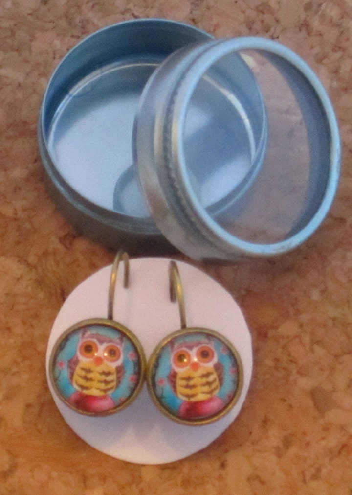 Owl with Cherry Blossoms Art earrings