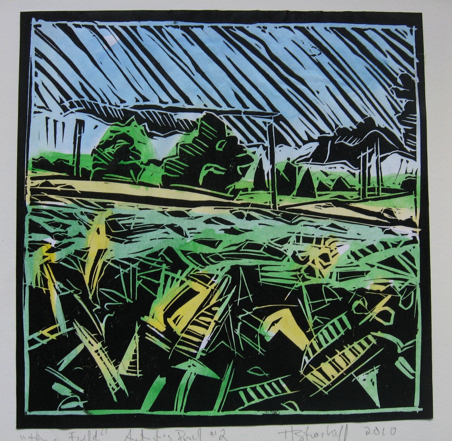 Original Landscape Linocut Print, Hand Colored Artist's Proof, Ontario Canada