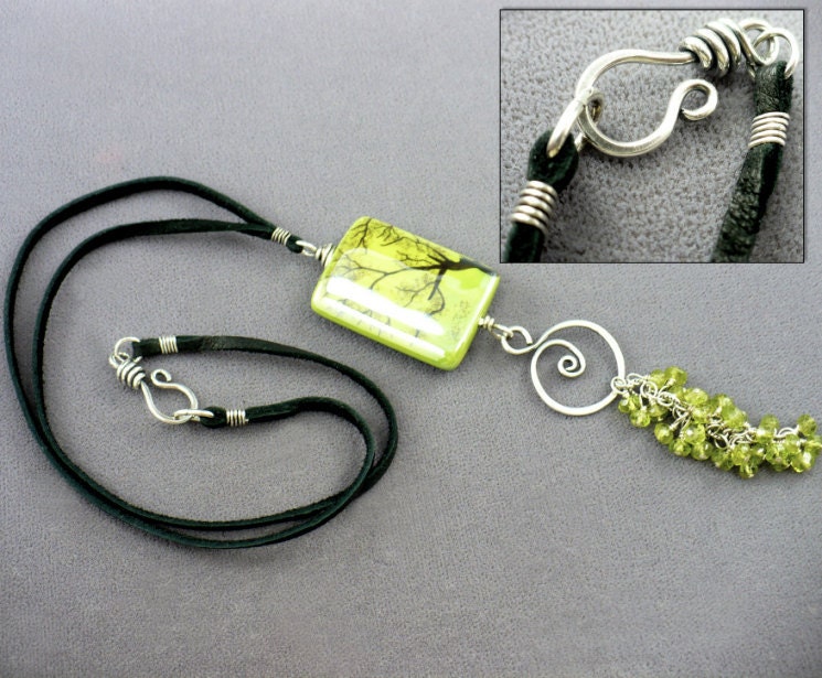 Ceramic Pendant, Peridot Gemstone Necklace, Sterling Silver Wirework