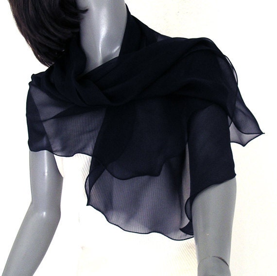 Navy Silk Chiffon Scarf Dark Blue Small Shoulder Wrap by artinsilk